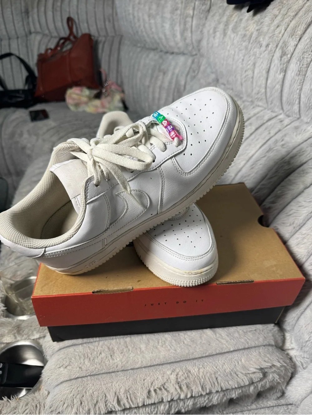 Nike White Leather Sneaker with Multicolor LOVE Bead Accent